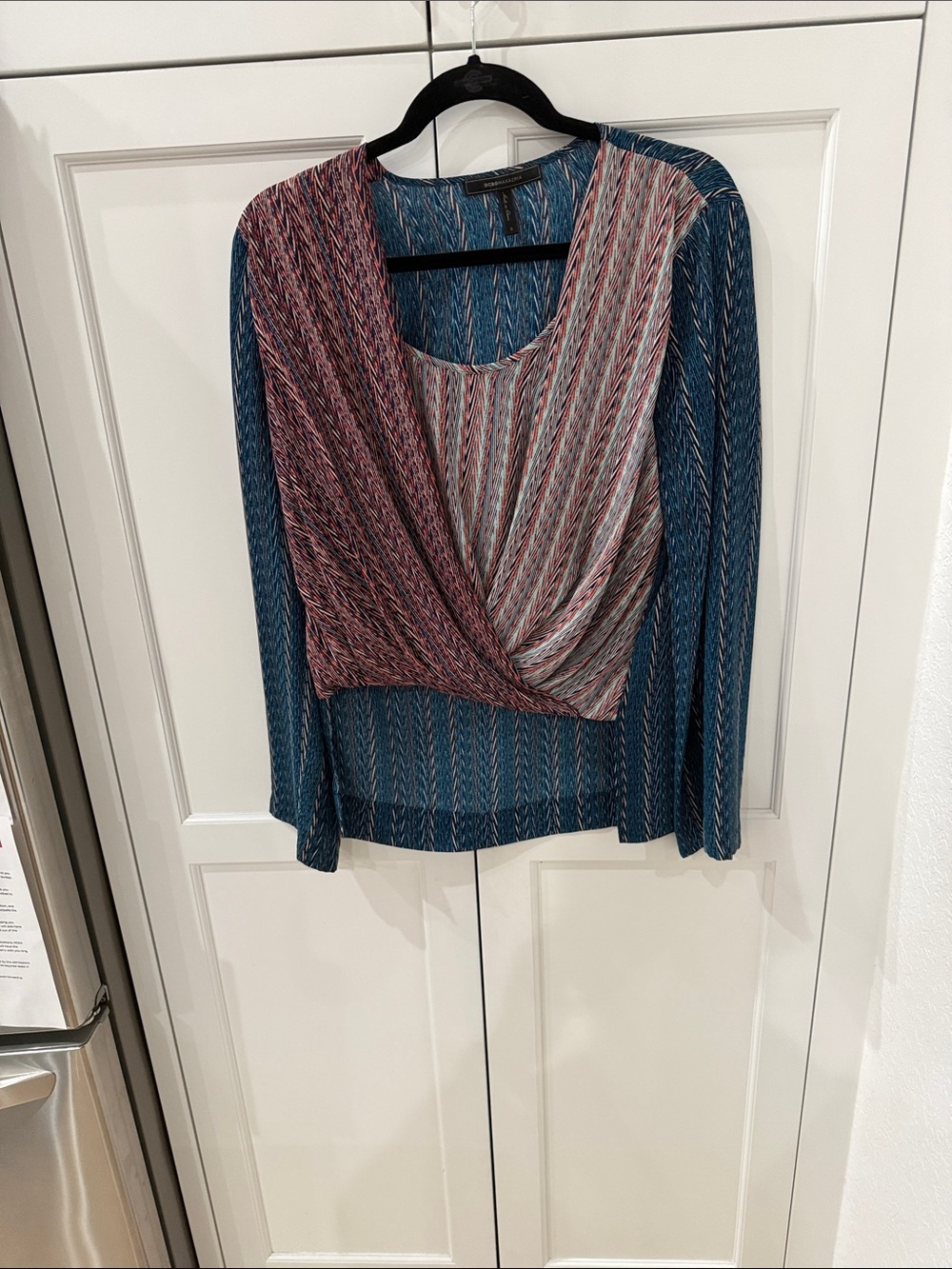 BCBGMaxAzria Teal and Rose Striped Draped Long-Sleeve Top
